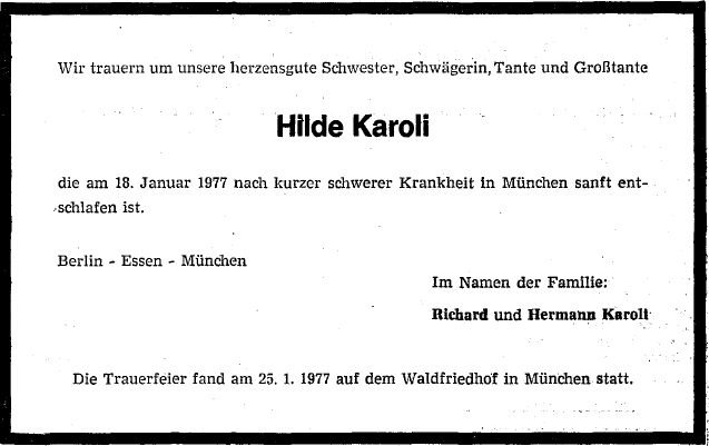 Karoli Hilda 1897-1977 Todesanzeige